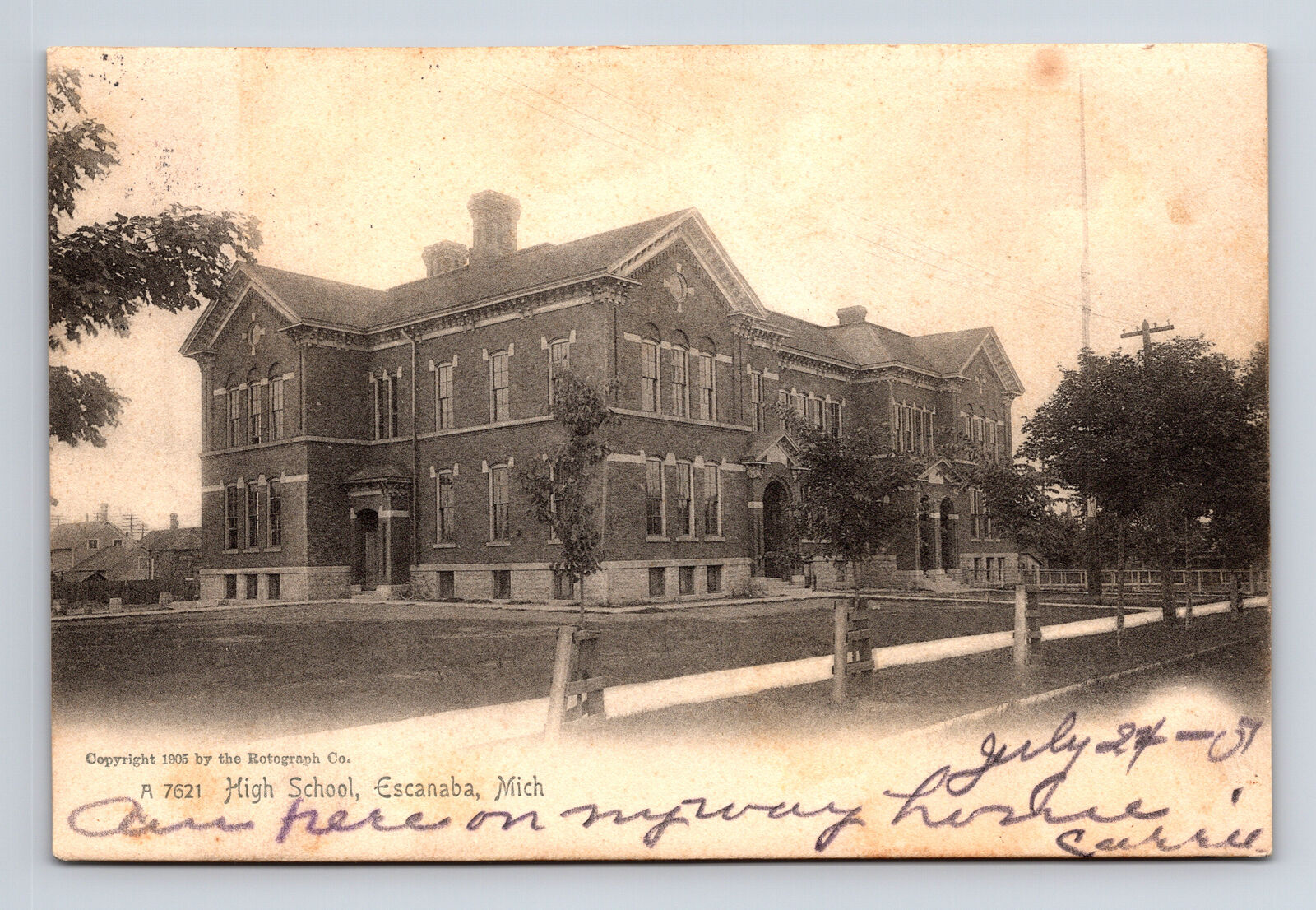 c1907 Escanaba Michigan MI High School Building ROTOGRAPH UDB Postcard