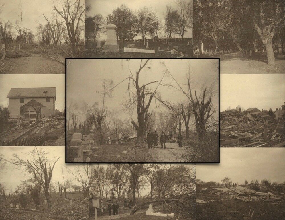 Tornado Damage in Greenmount Cemetery, Quincy Illinois - Nine 1902 Cabinet Cards
