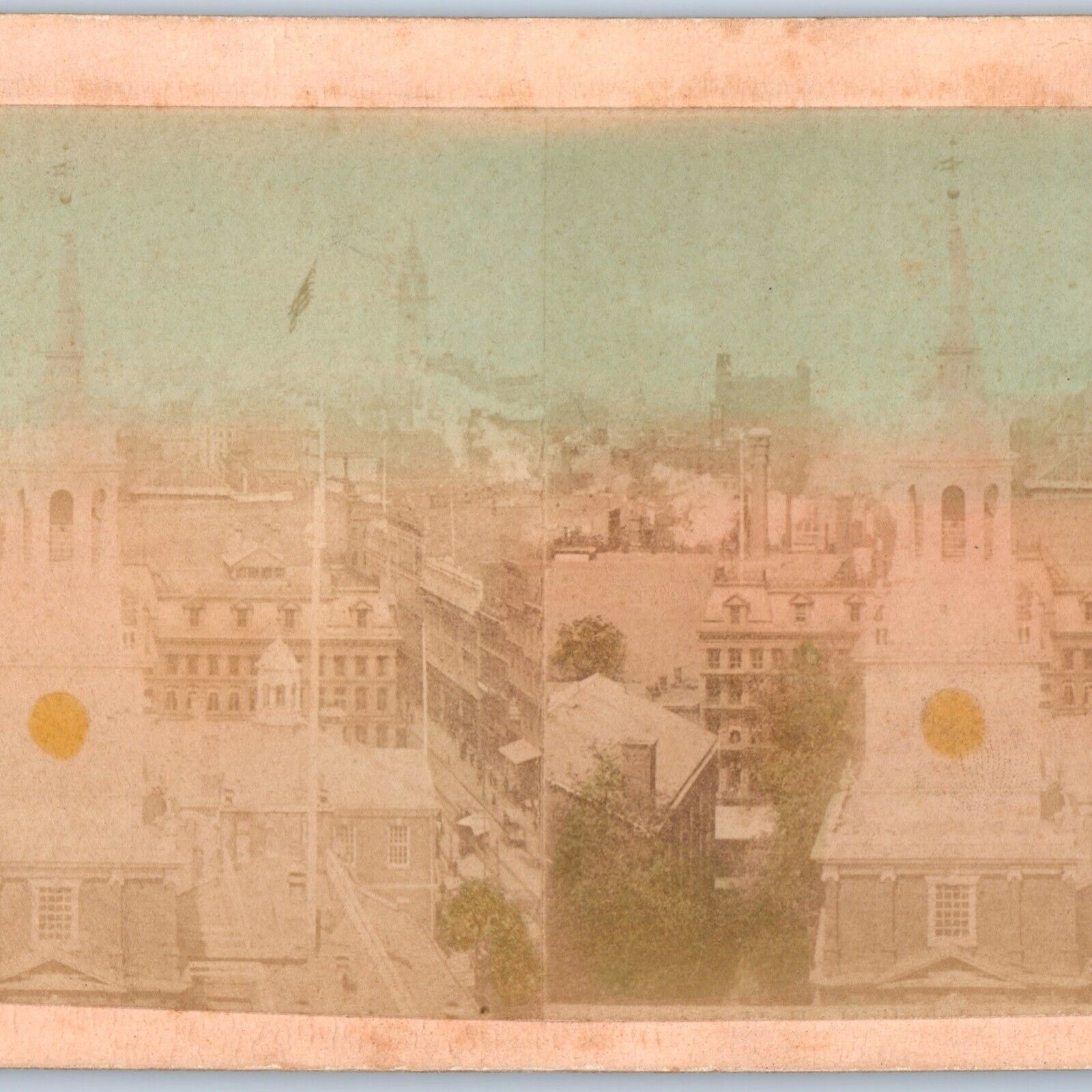c1890s Philadelphia PA Stereo Real Photo Independence Hall Hand Colored Card V21