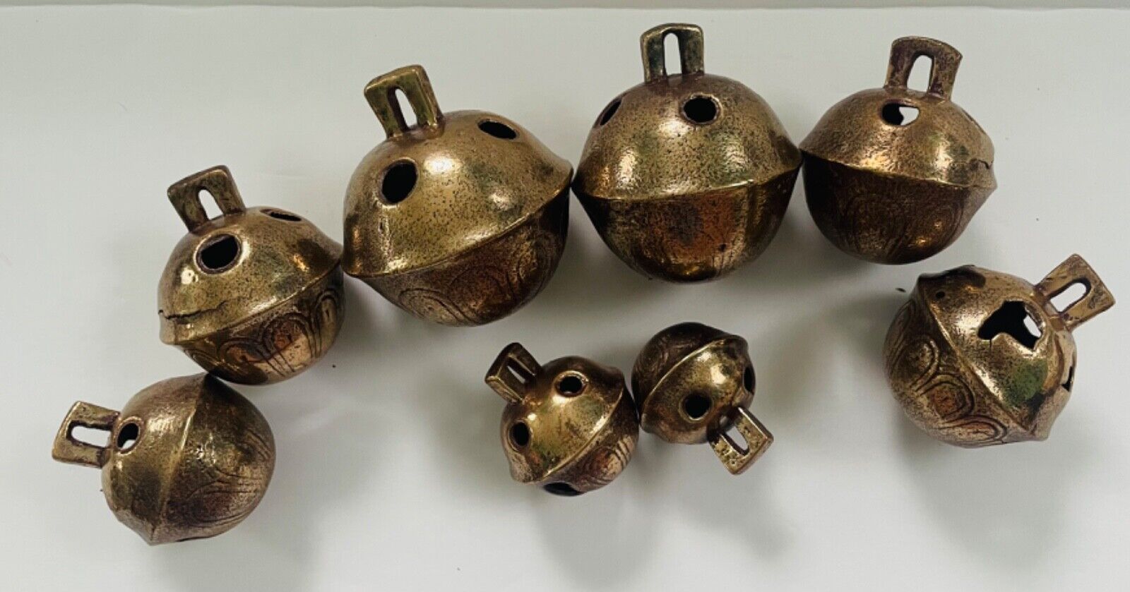 Lot of 8 Vintage Antique  “ Crotal Sleigh Bells “ Brass Various Sizes