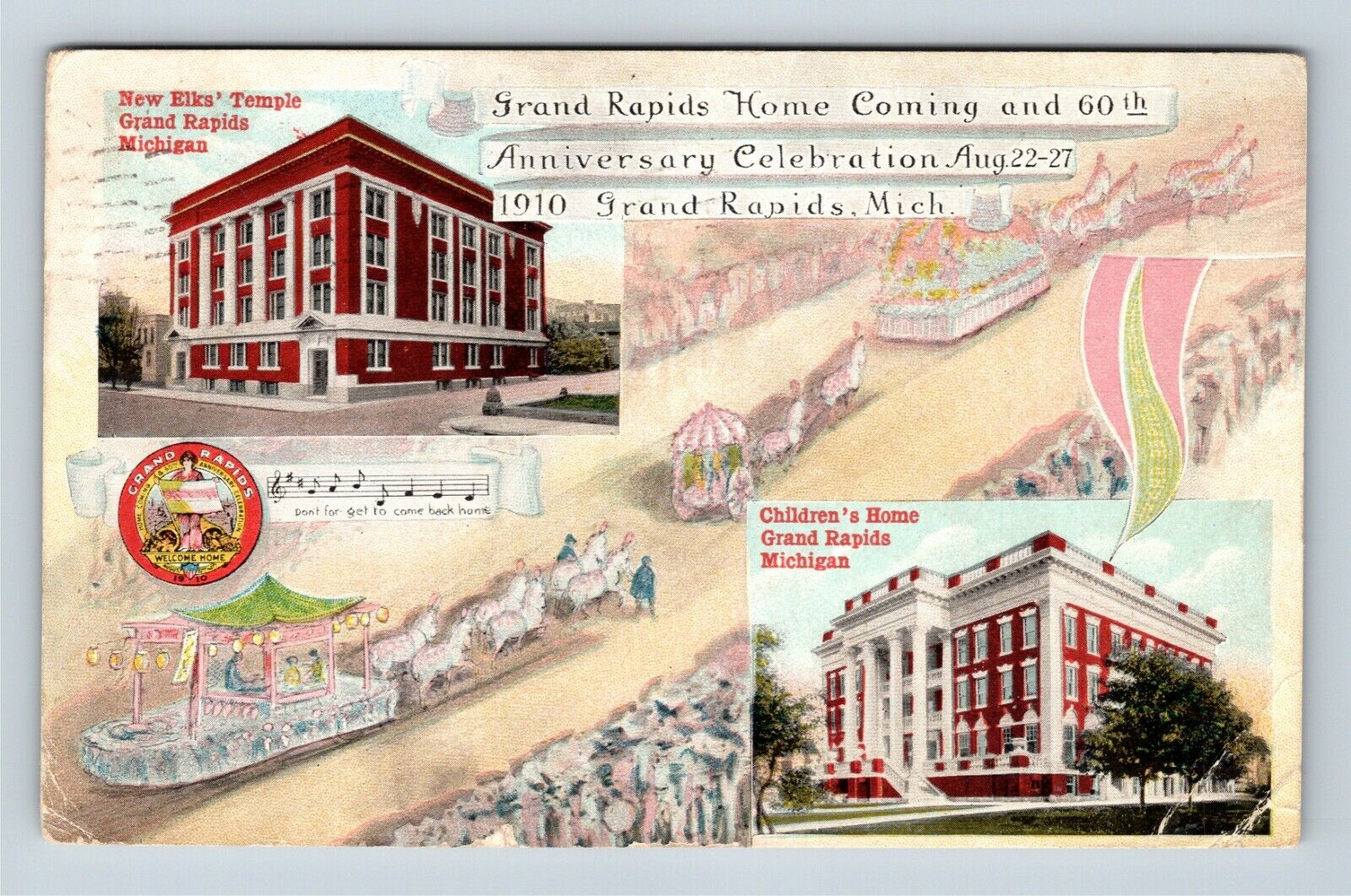 Grand Rapids MI, Elks Temple, Childrens Home Michigan c1910 Vintage Postcard