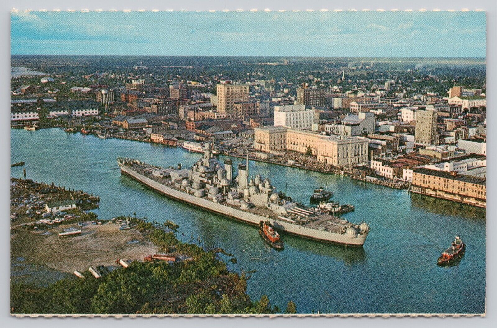 Wilmington NC, USS North Carolina US Navy Battleship in Harbor, Vintage Postcard