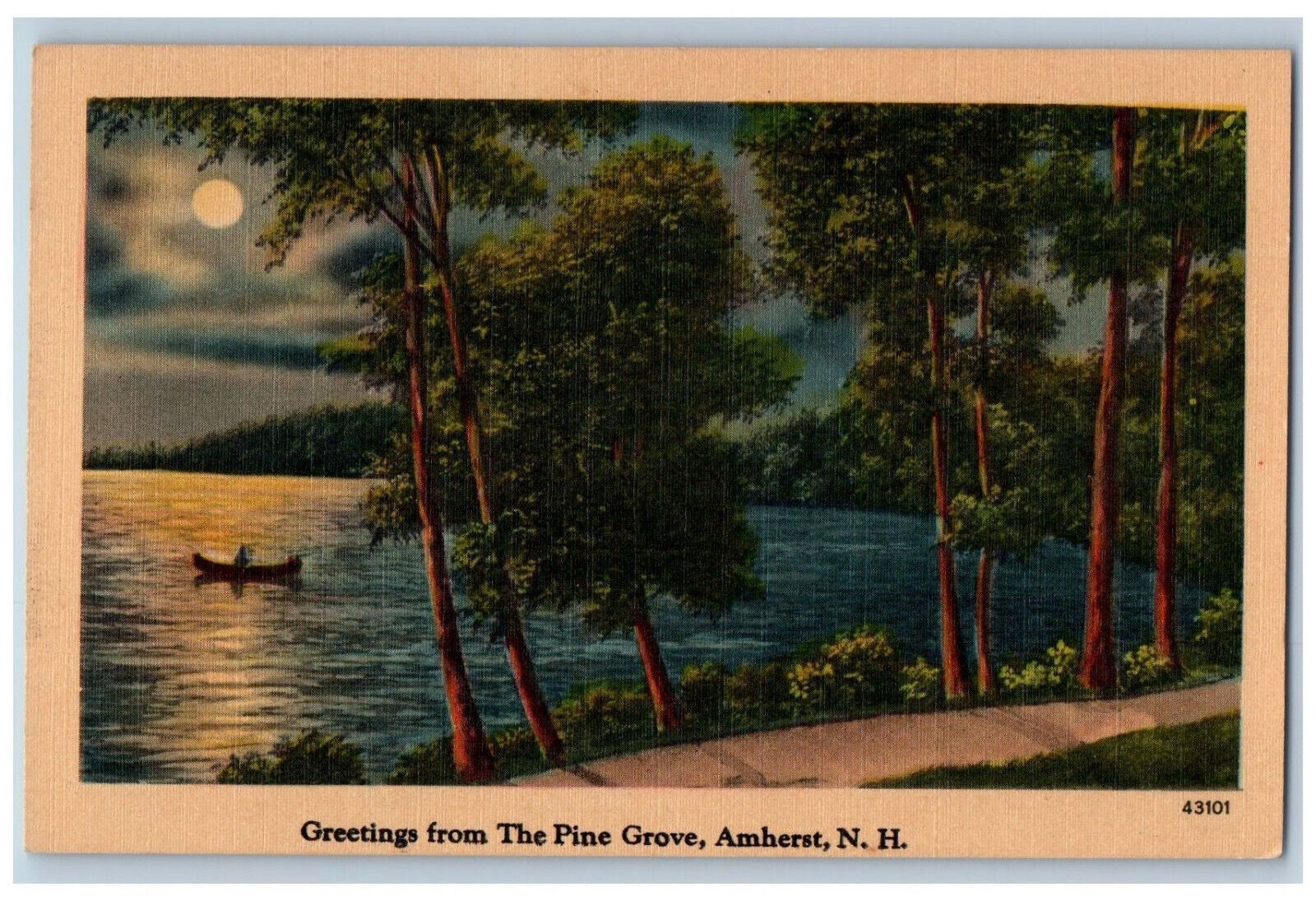 c1940's Moonlight Scene, Greetings from the Pine Grove Amherst NH Postcard