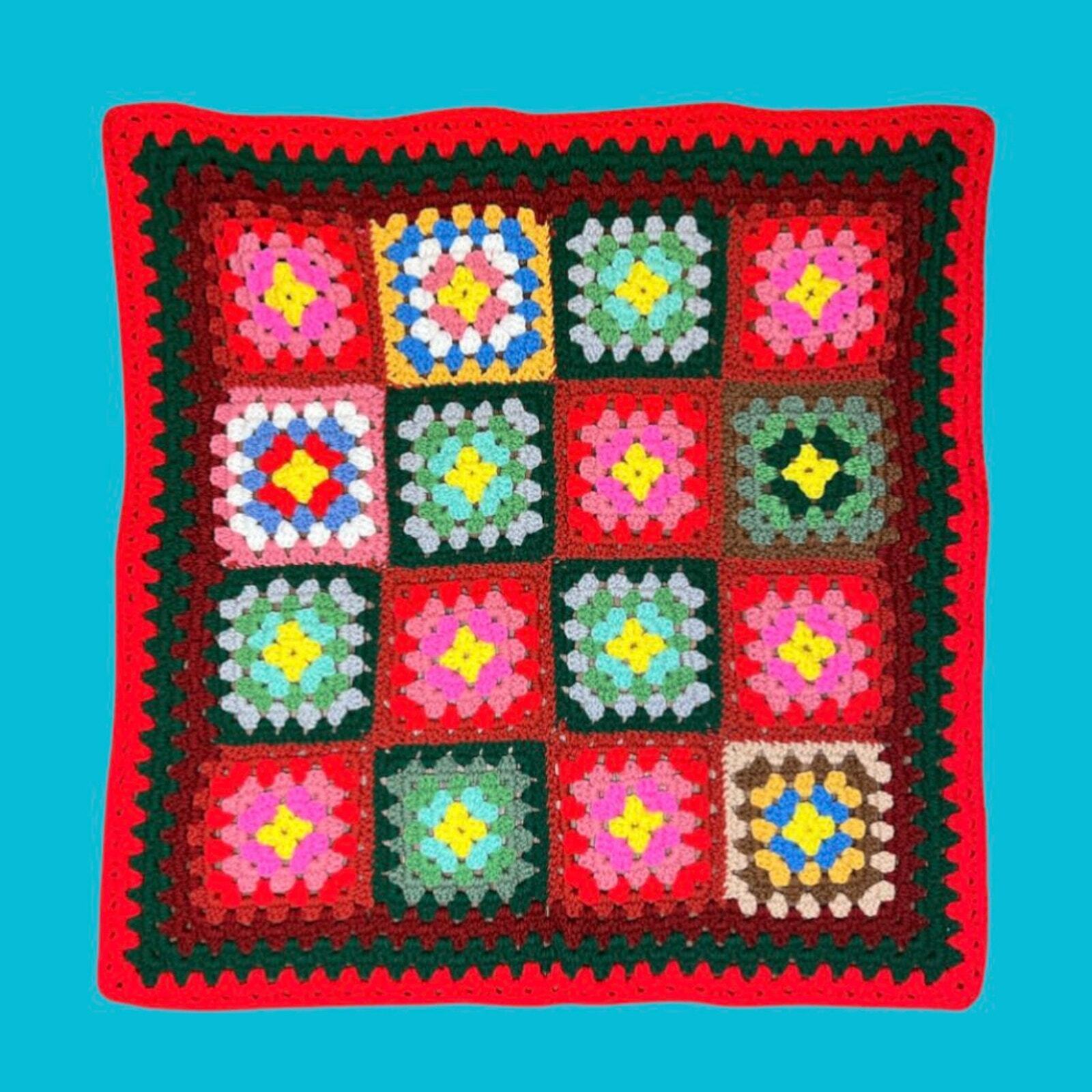 Vintage Multi Red Pink Knit Granny Square Lap Blanket Afghan Throw Shawl 29x27