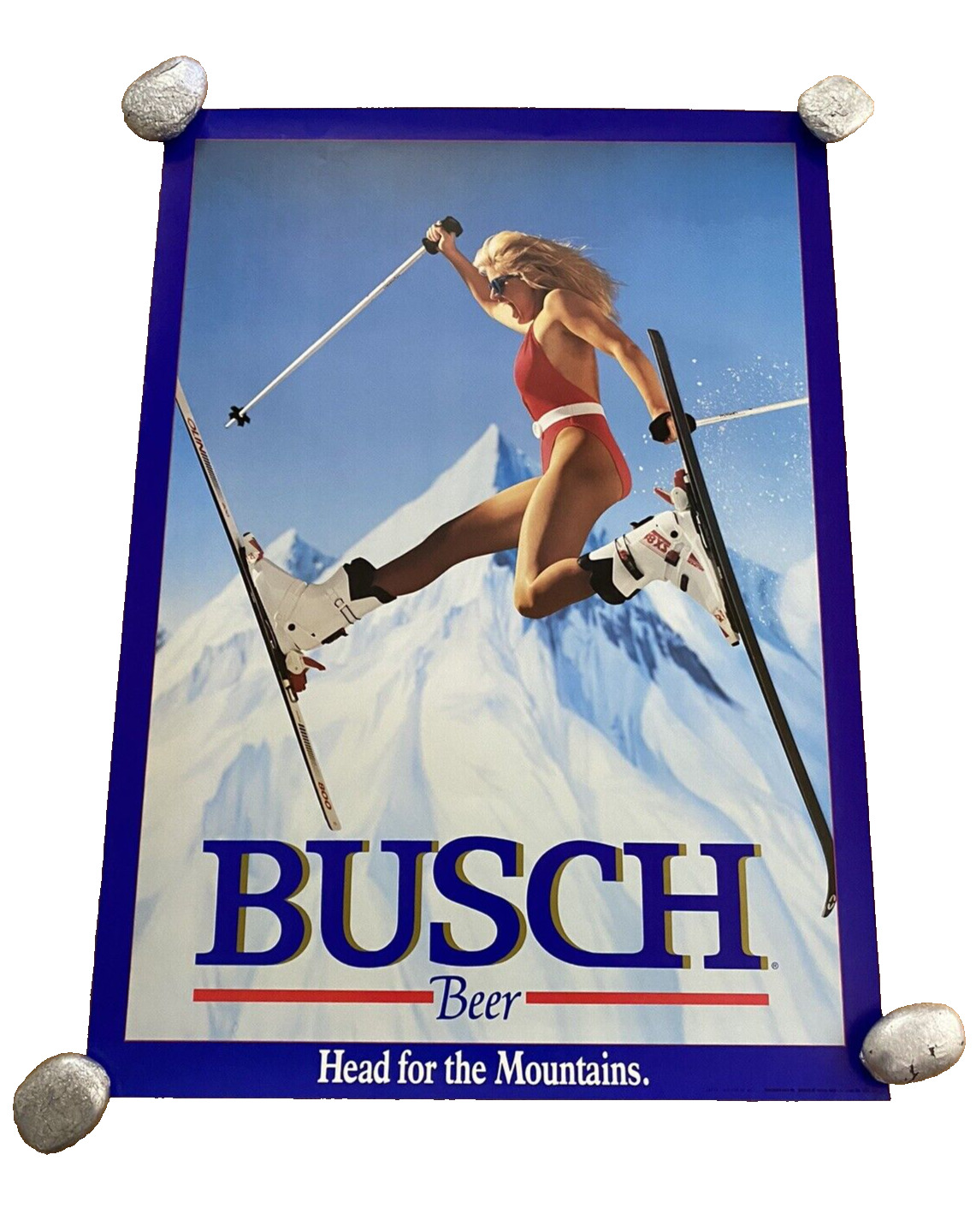 VINTAGE 1988 BUSCH BEER ORIGINAL POSTER HEAD FOR THE MOUNTAINS GIRL SKIING 20x28