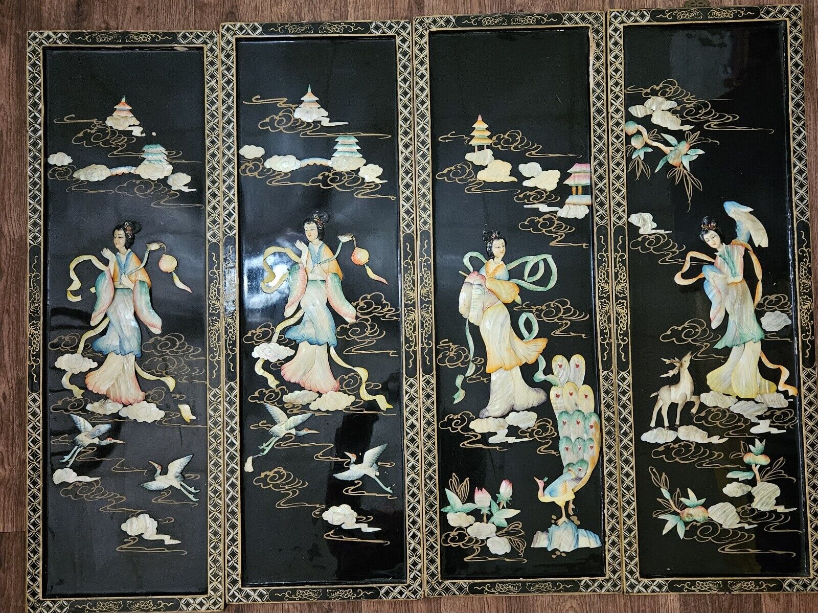 Vintage Asian 4 Panels Art Japanese Geishas Mother OF Pearl Chinese 