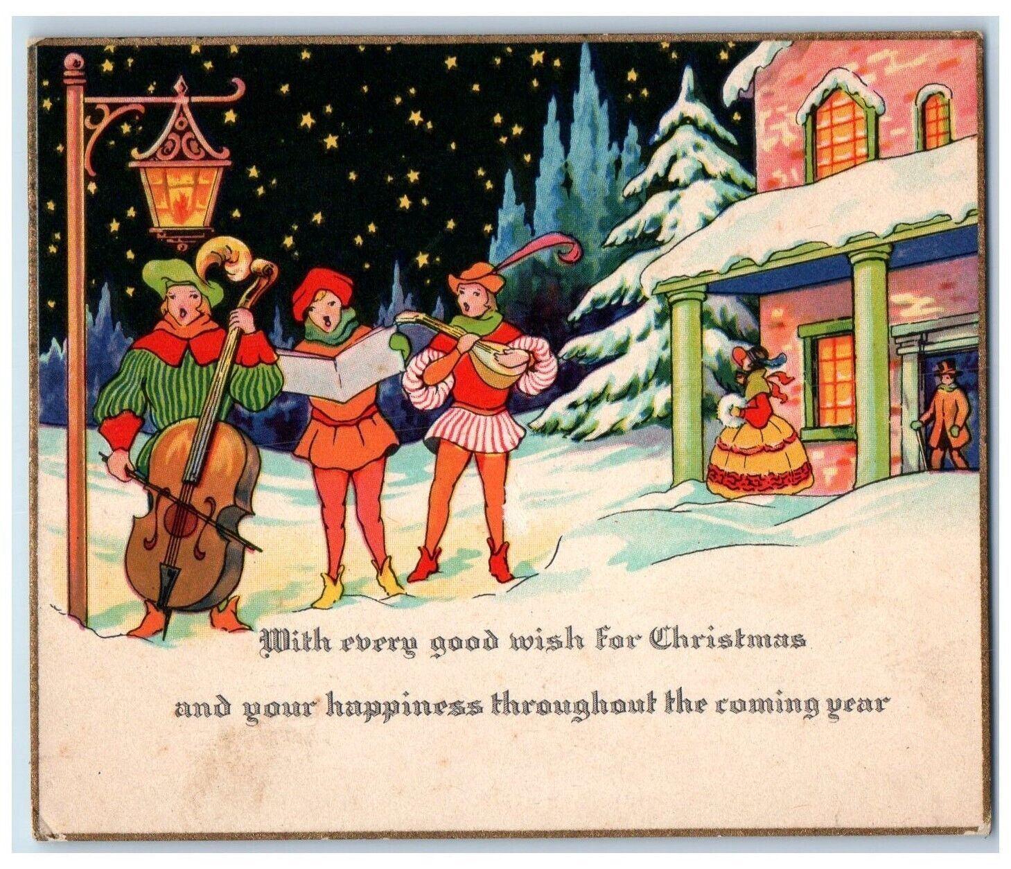 c1905 Christmas Boy Caroling Pine Tree House Covered Trees Antique Postcard