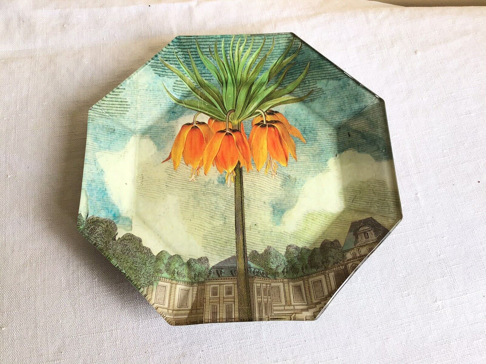 Signed John Derian Co Decoupaged Orange Floral Octagon Glass Decorative Plate