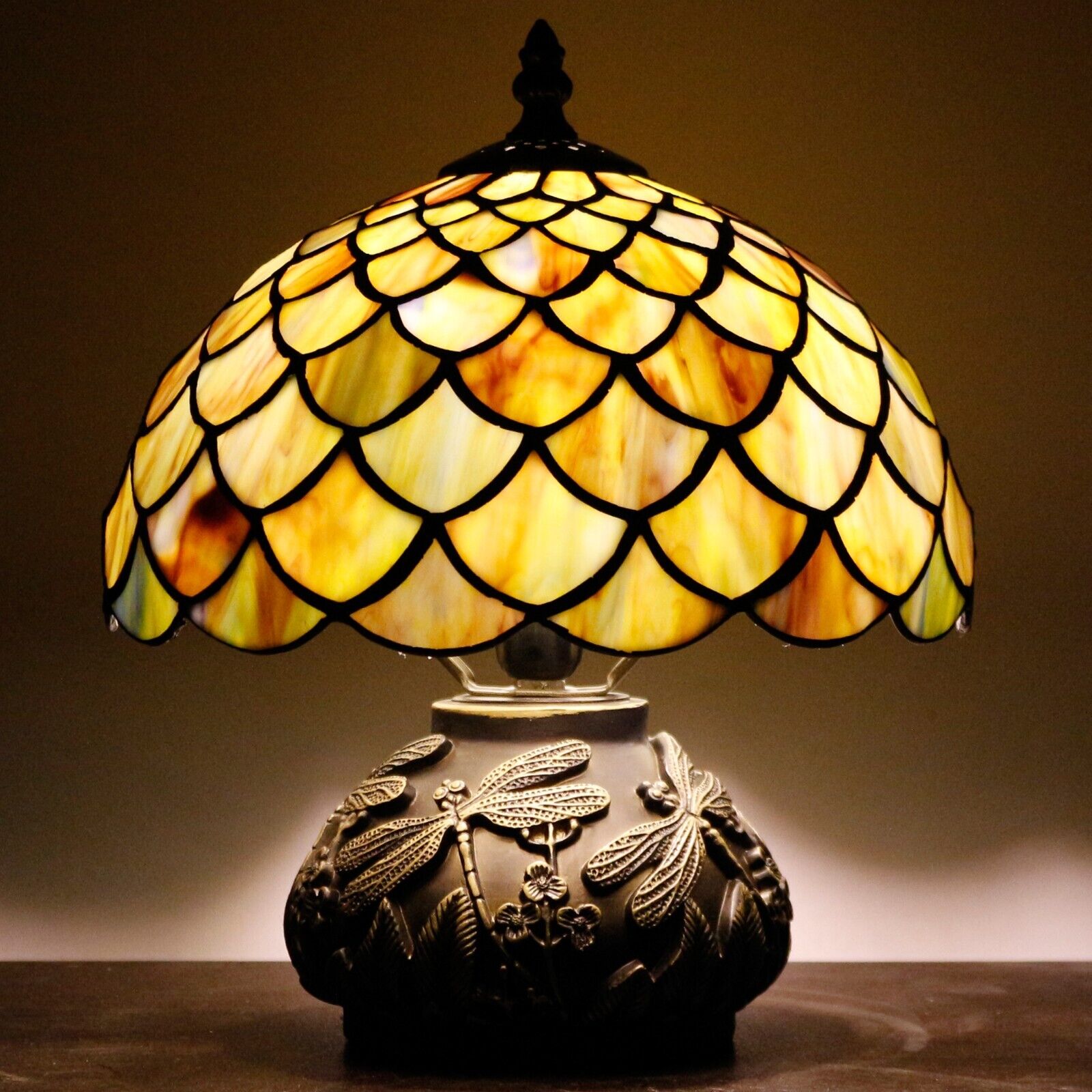 Small Tiffany Table Lamp Yellow Fish Scales Mini Stained Glass Desk Lamp 10 INCH