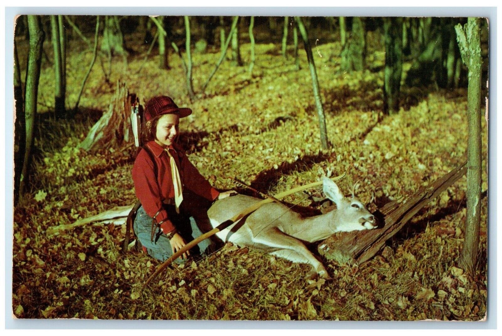 c1950\'s Young Girl Bow Hunting Deer The End Of The Hunt Vintage Postcard