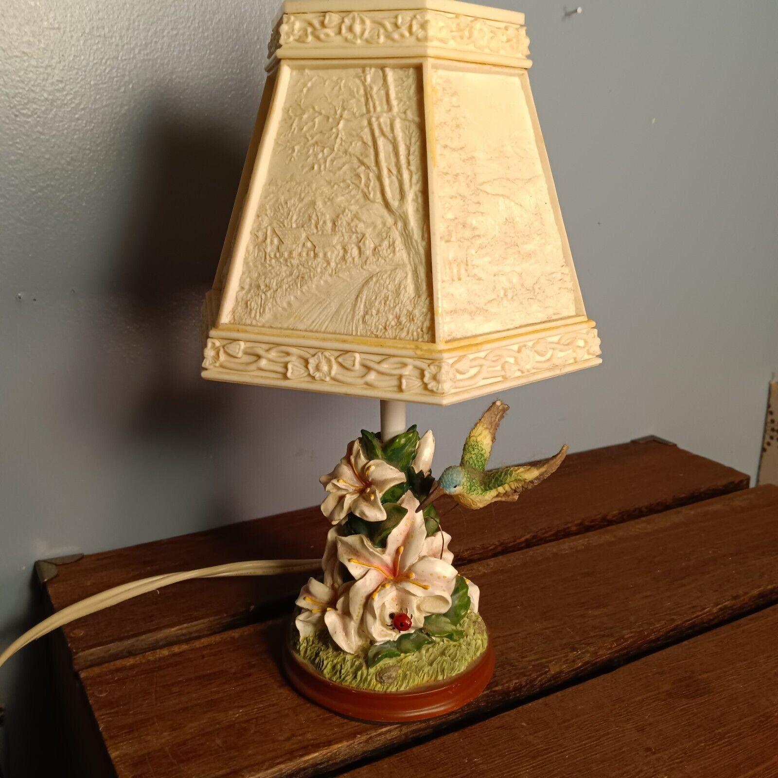 Vintage Hummingbird & Flowers Accent Lamp, Resin, Plastic Lithophane Shade