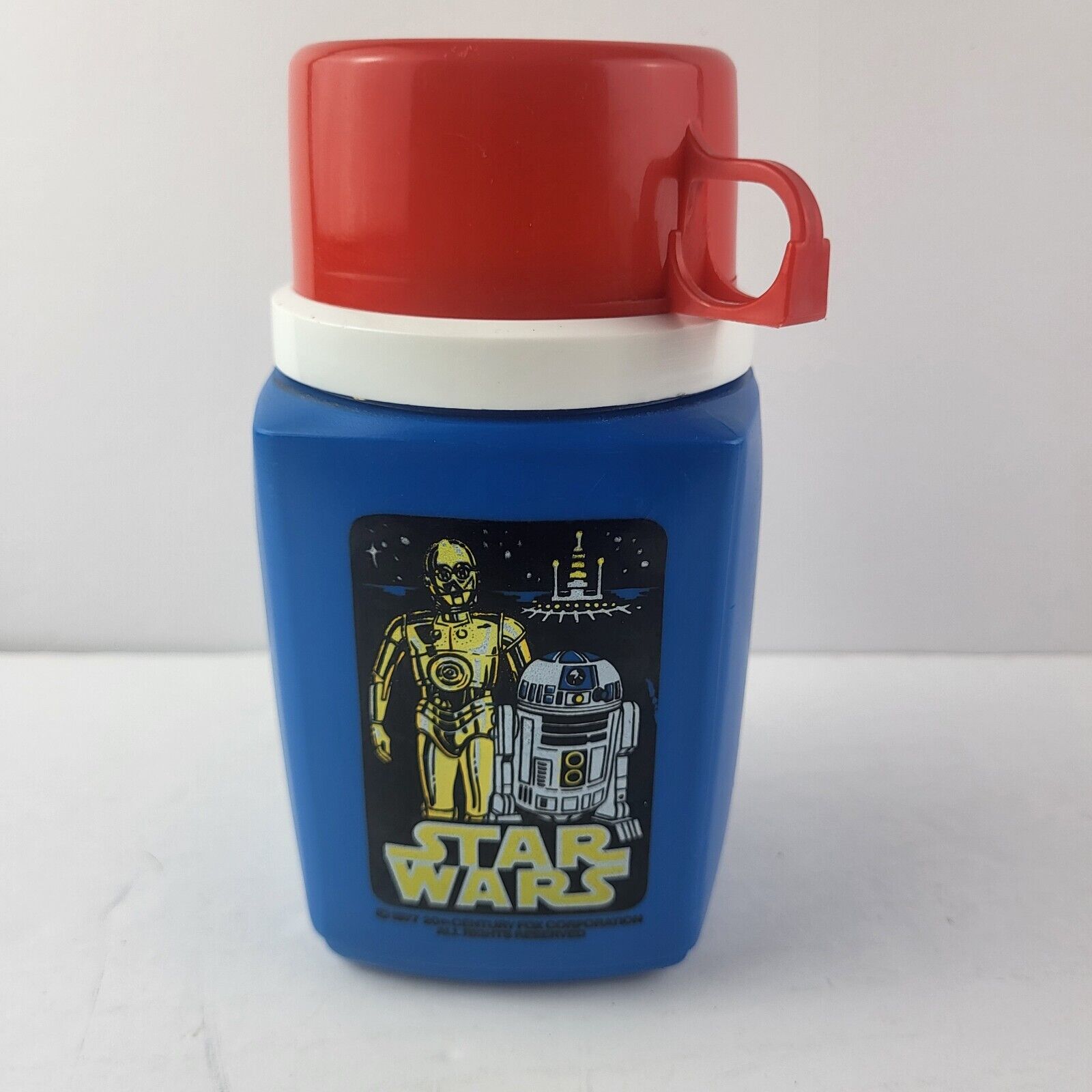 Vintage Star Wars Plastic Blue Thermos 1977 Yellow Letters Red Cap Cup Lid