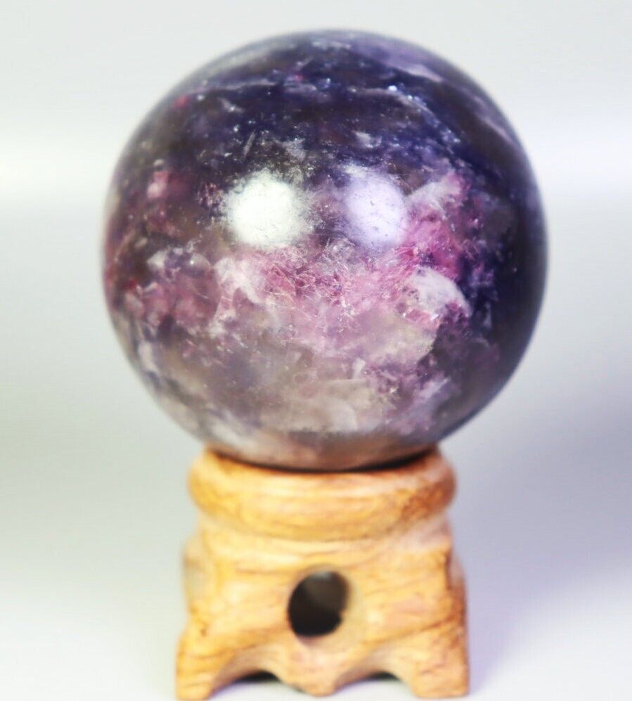 164g Natural Lepidolite Purple Mica&Red Tourmaline Sphere Quartz Crystal /Stand