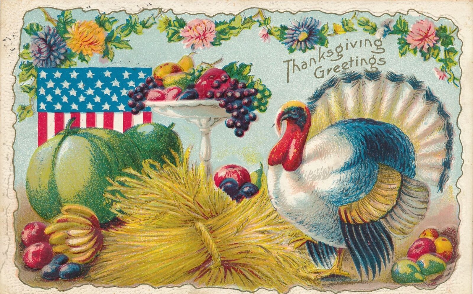 THANKSGIVING - Turkey, Fruit and Flag Patriotic Thanksgiving Greetings - 1911
