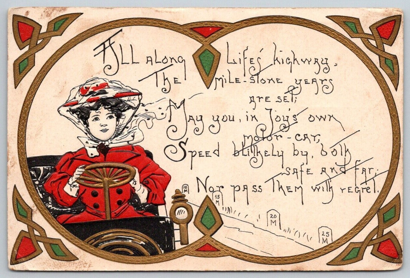 Embossed Postcard~  Arts & Crafts Style~ Woman Driving~ All Along Life's Highway