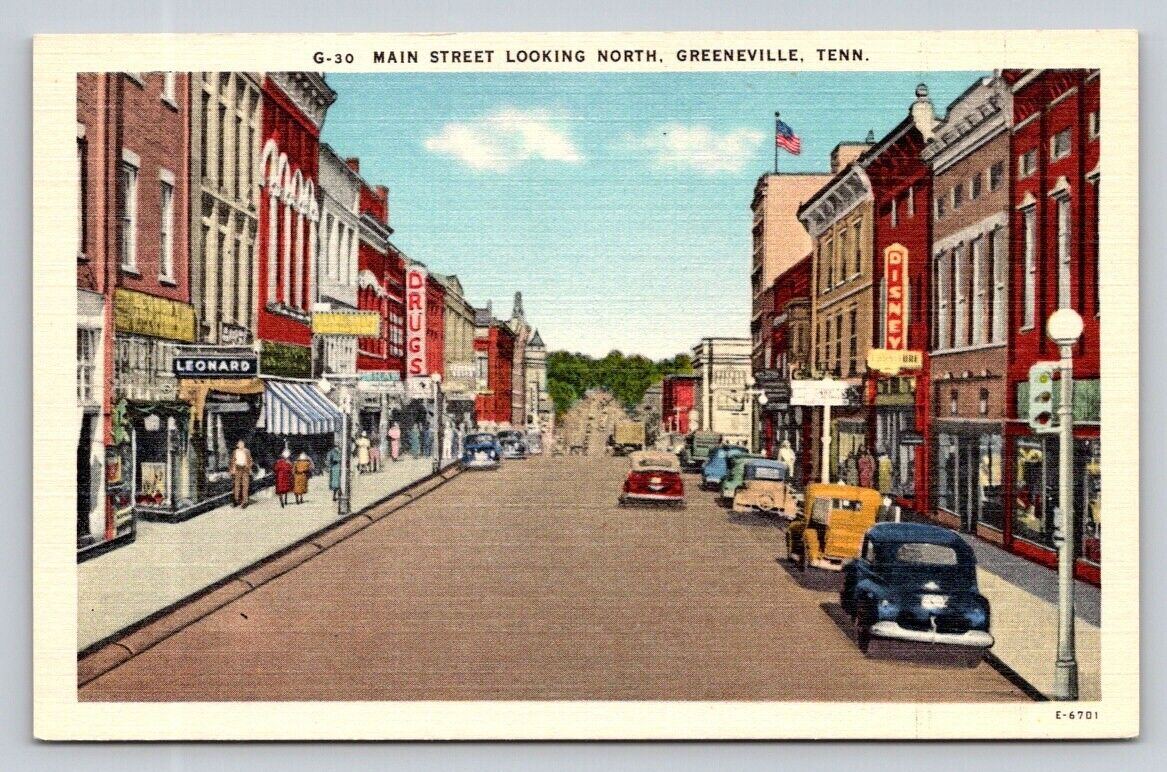 Linen Birds Eye View Main Street Cars Stores Signs Greenville Tennessee P662