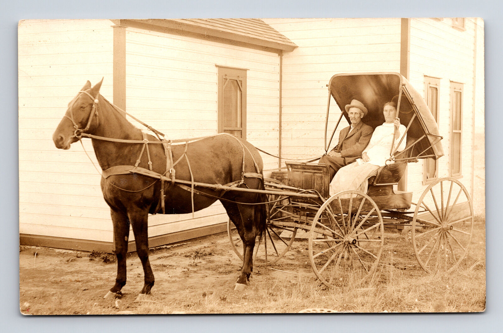 RPPC Older Couple Man Woman Driving Horse Drawn Buggy Carriage By Home Postcard