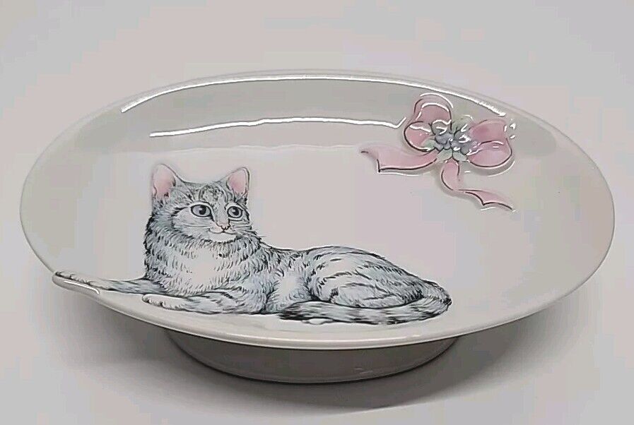 Vintage Kitty Cat & Bow Pedestal footed Ceramic Soap Holder/Trinket Dish, Japan