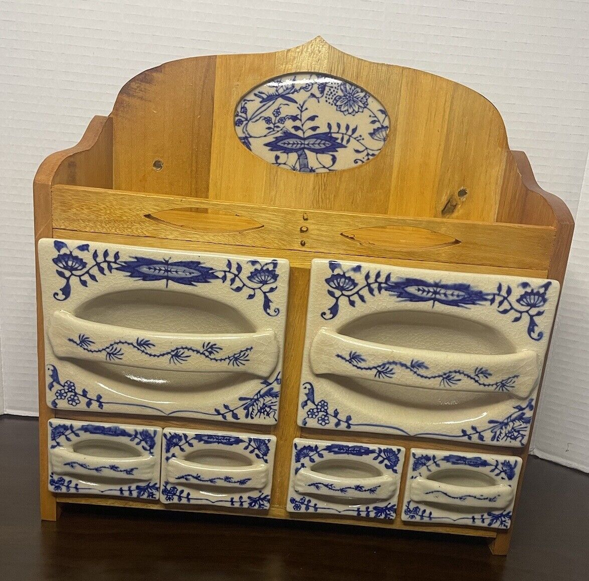 Vintage Dutch Spice Cabinet Wooden Six Delft Porcelain Drawers With Crazing