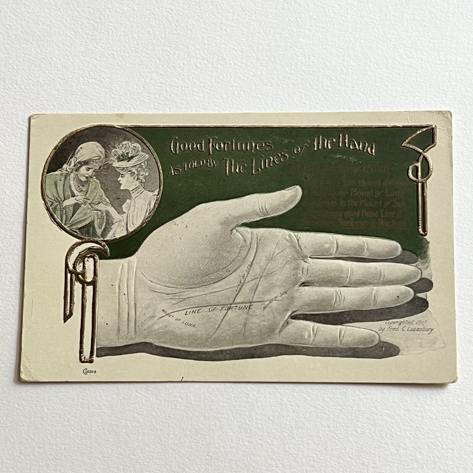 Antique Embossed Postcard Palm Reading Fortune Teller Hand Lounsbury 1907