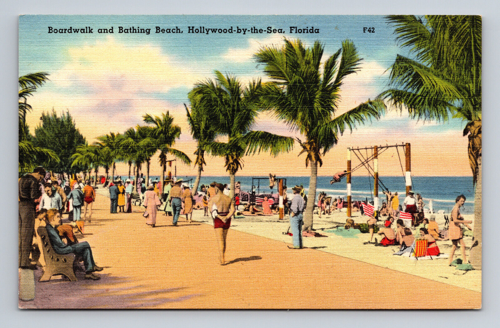Linen Postcard Hollywood by the Sea Florida Boardwalk & Bathing Beach FL