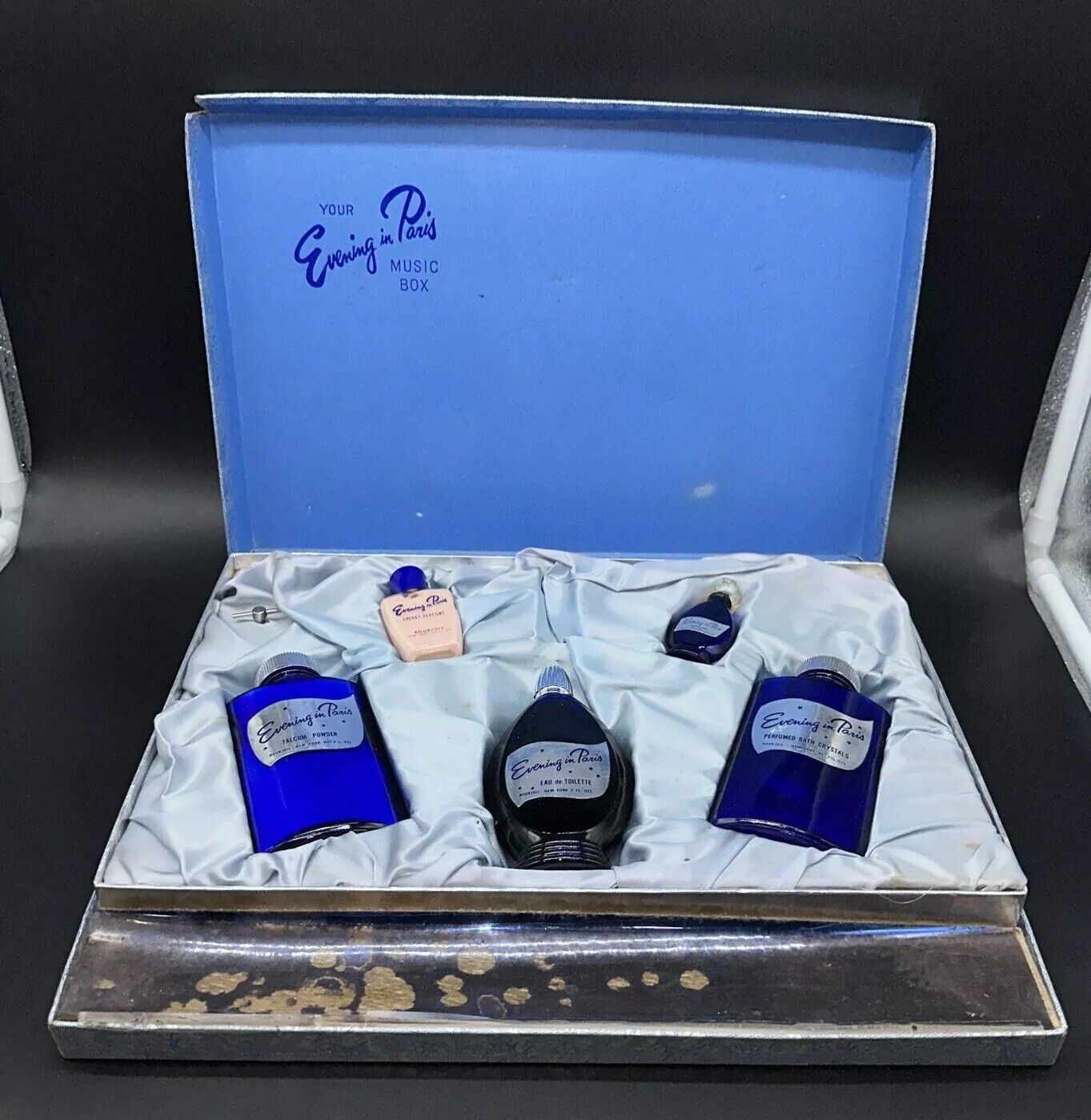 Vintage Evening In Paris Bourjois New York 5 Pc Cobalt Blue Perfume In Music Box