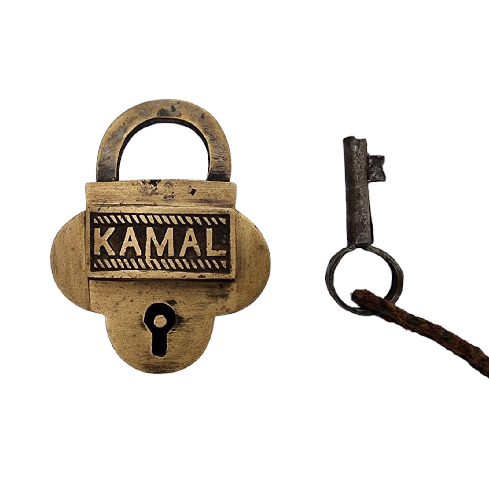 Vintage Old Antique Unique Hand Made KAMAL Words Embossed Brass Lock & Key