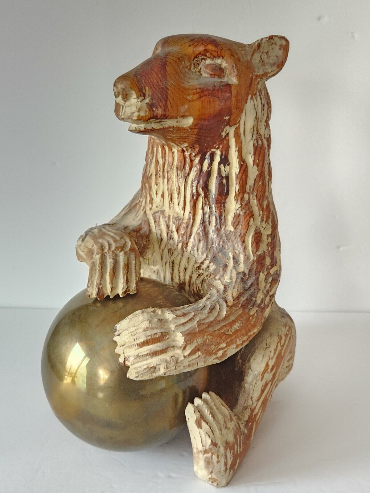 SARRIED Ltd Wood Carved BROWN BEAR and BRASS BALL Ursus URSIDAE