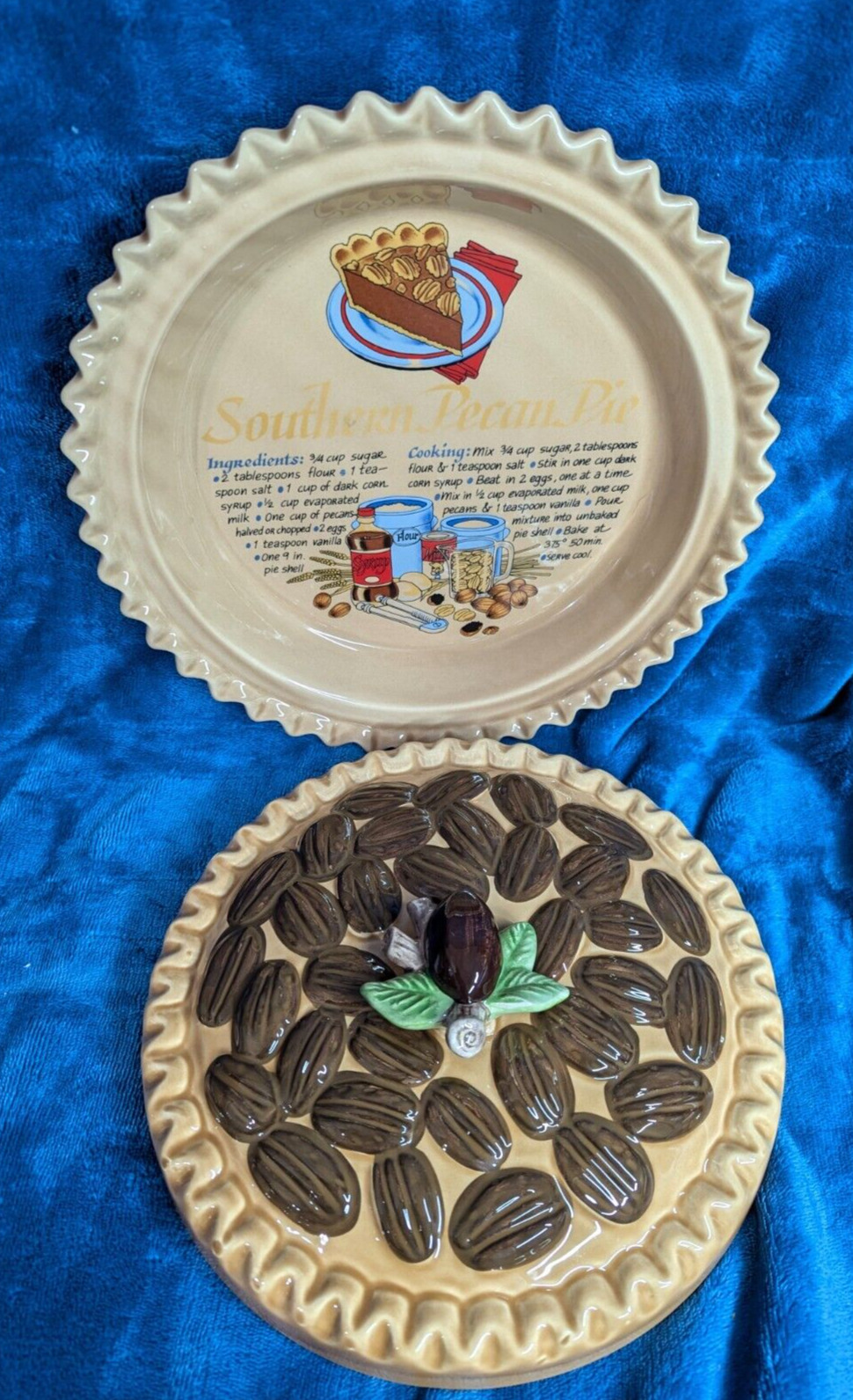 Vintage 1980s Pecan Pie Covered Ceramic Pie Plate RARE