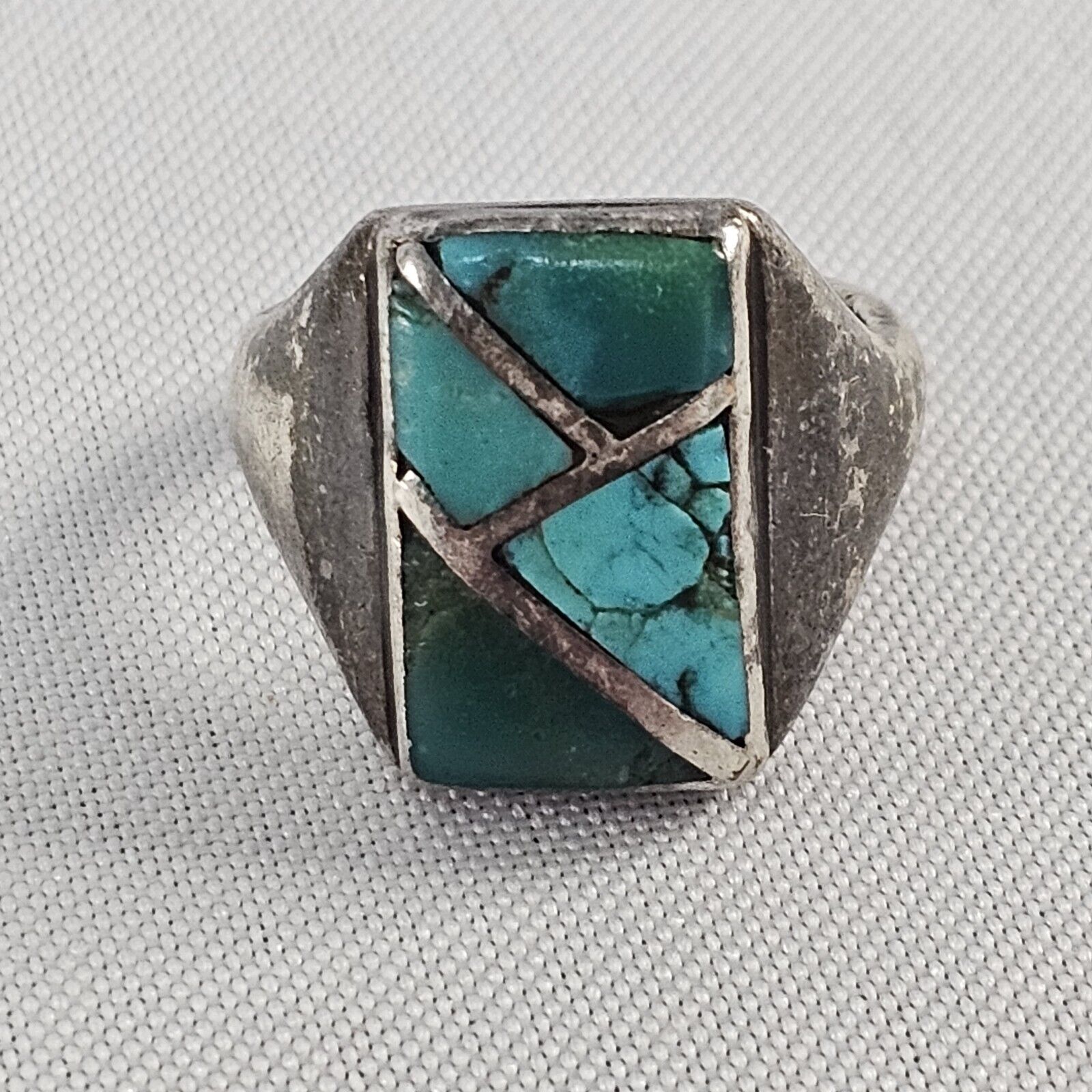 Antique Sterling Silver Turquoise Ring 10.5 Grams Unstamped Acid Tested Size 7+