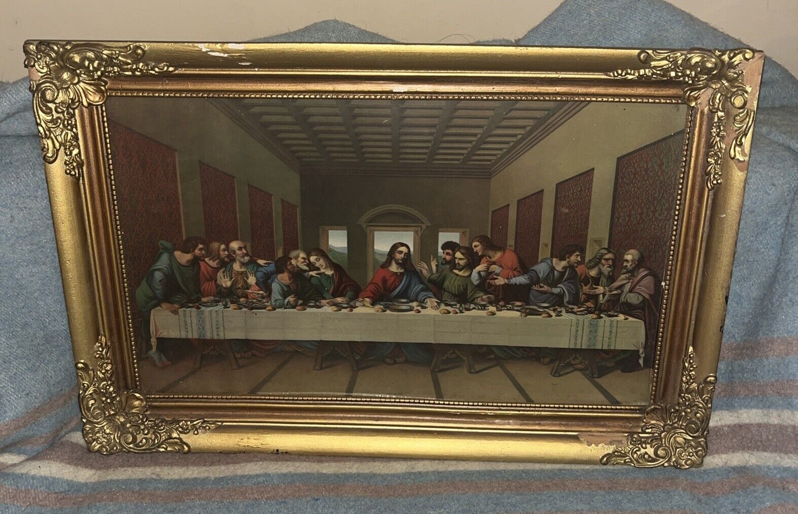 Vintage Print Of The Last Supper In Ornate Frame 23” X  15”