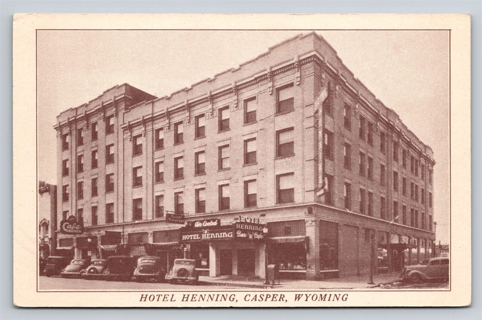 Casper Wyoming WY Hotel Henning Sign Old Cars Street Level View Vtg Postcard