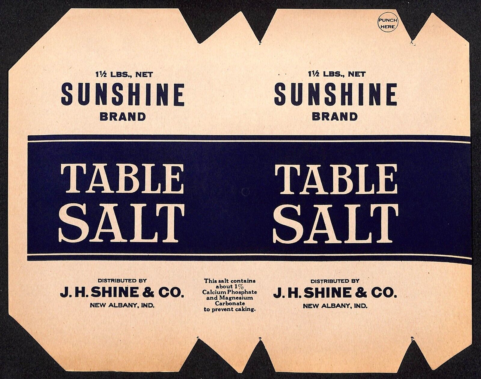 Sunshine Brand Table Salt Paper Label c1920's-30's J.H. Shine New Albany, IN