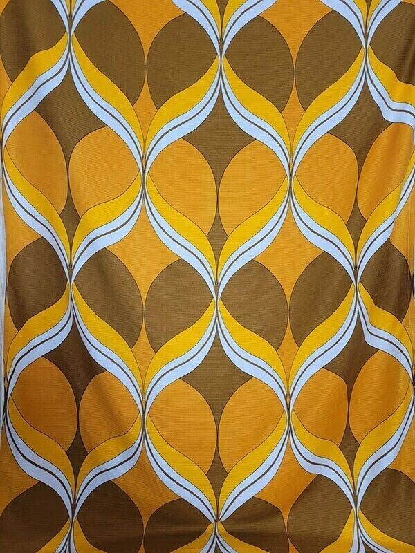 2 vintage fabric curtains orange brown mustard 70s mid-century 64