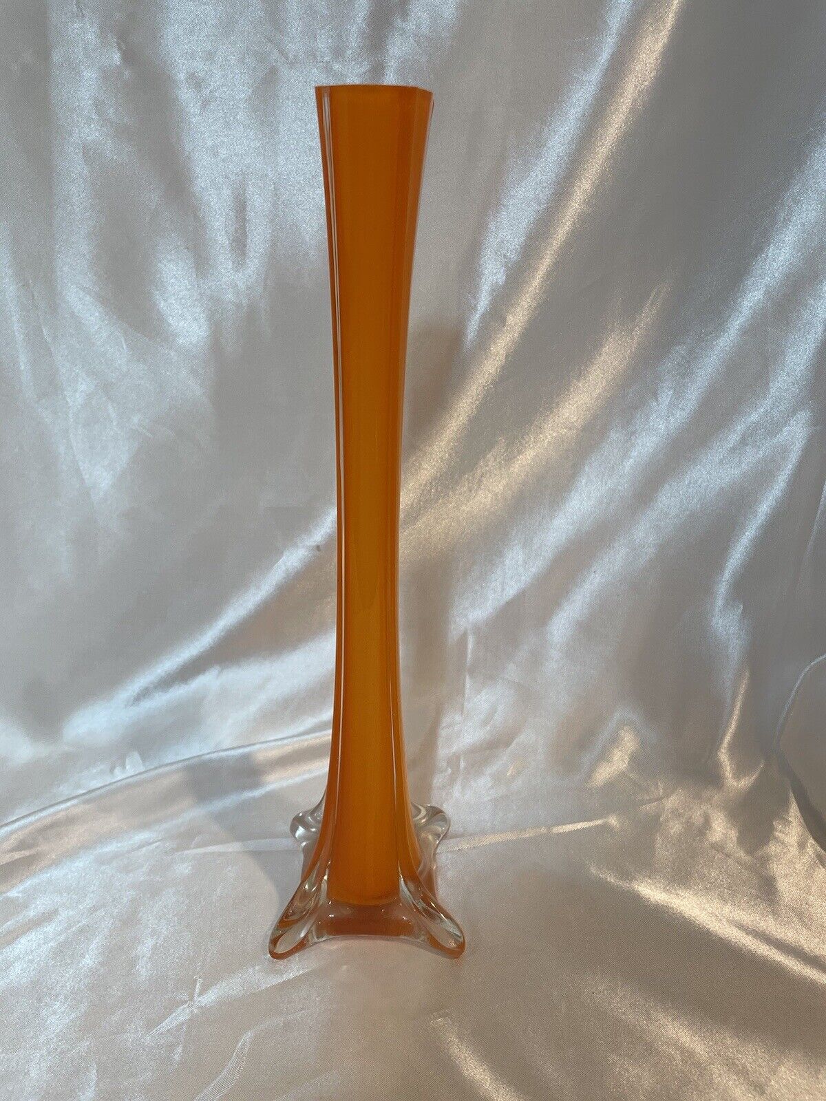 MCM Style Vtg Orange Narrow Stemmed Art Glass Vase with Elephant Foot 12” Tall