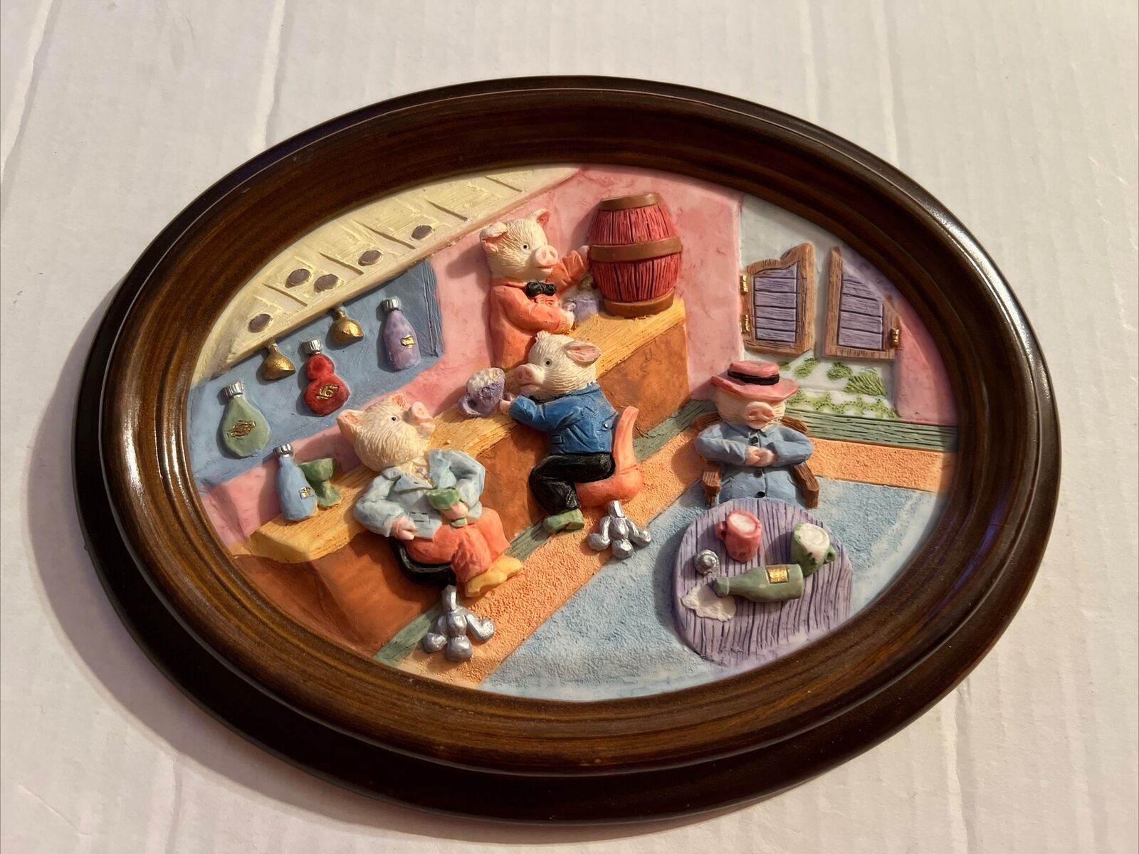 3d Pigs At A Bar? Wall Hanging Vintage Velvet Back Oriental Trading Co