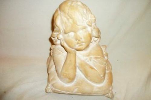 VINTAGE CHALKWARE PLASTER BUST YOUNG GIRL PILLOW POSED CREAMY WHITEWASHED
