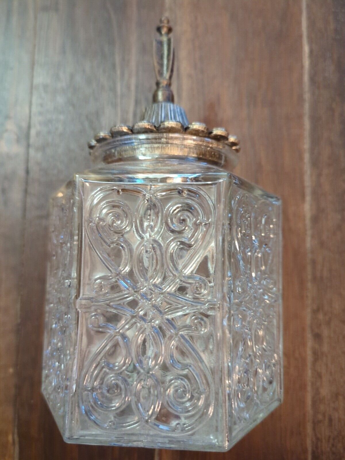 Atq Octagon hand blown molded Glass Jar With Pewter Lid-early 1900's/Victorian