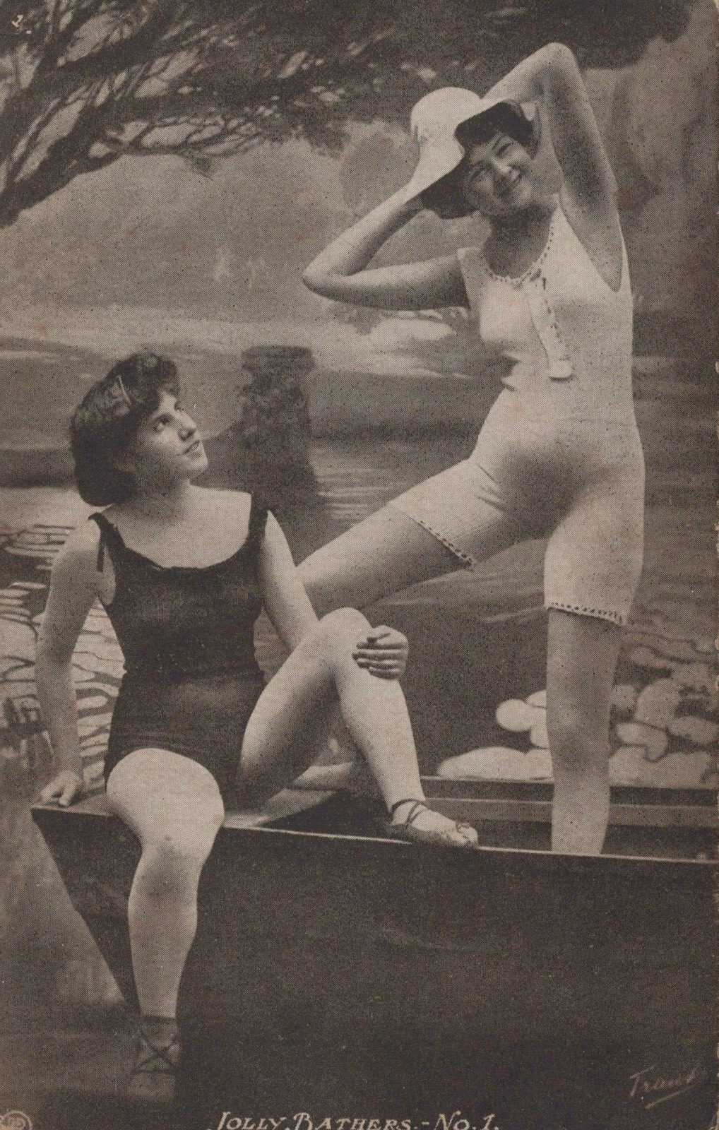Naughty Victorian Postcard - Jolly Bather -No. 1.  Victorian Women in Swimsuits