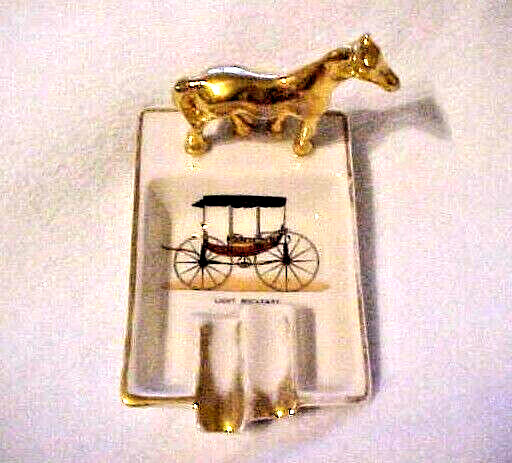 Vintage White Porcelain Ashtray with Light Rockaway Buggy and Gold Horse Figure