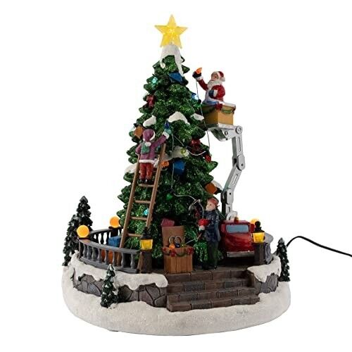 FG Square Animated Christmas Village  - Santa Decorating Tree on Crane