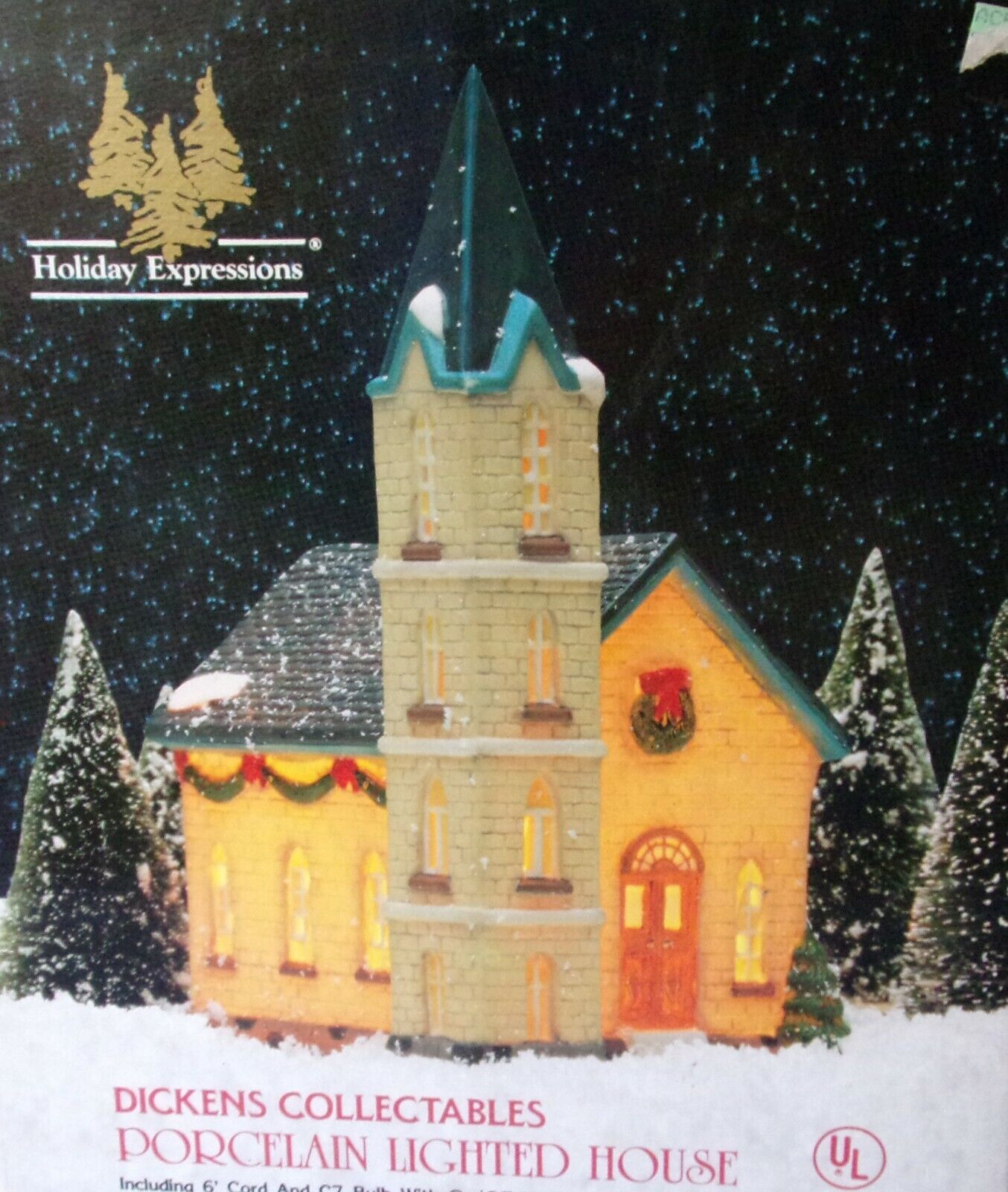 Dickens Collectibles CHURCH Porcelain Lighted House Holiday Expressions w/ Box