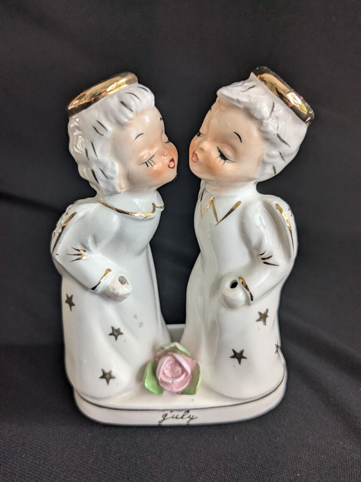 Vintage July Birthday Kissing Angels Figurine Kitsch RARE Find 