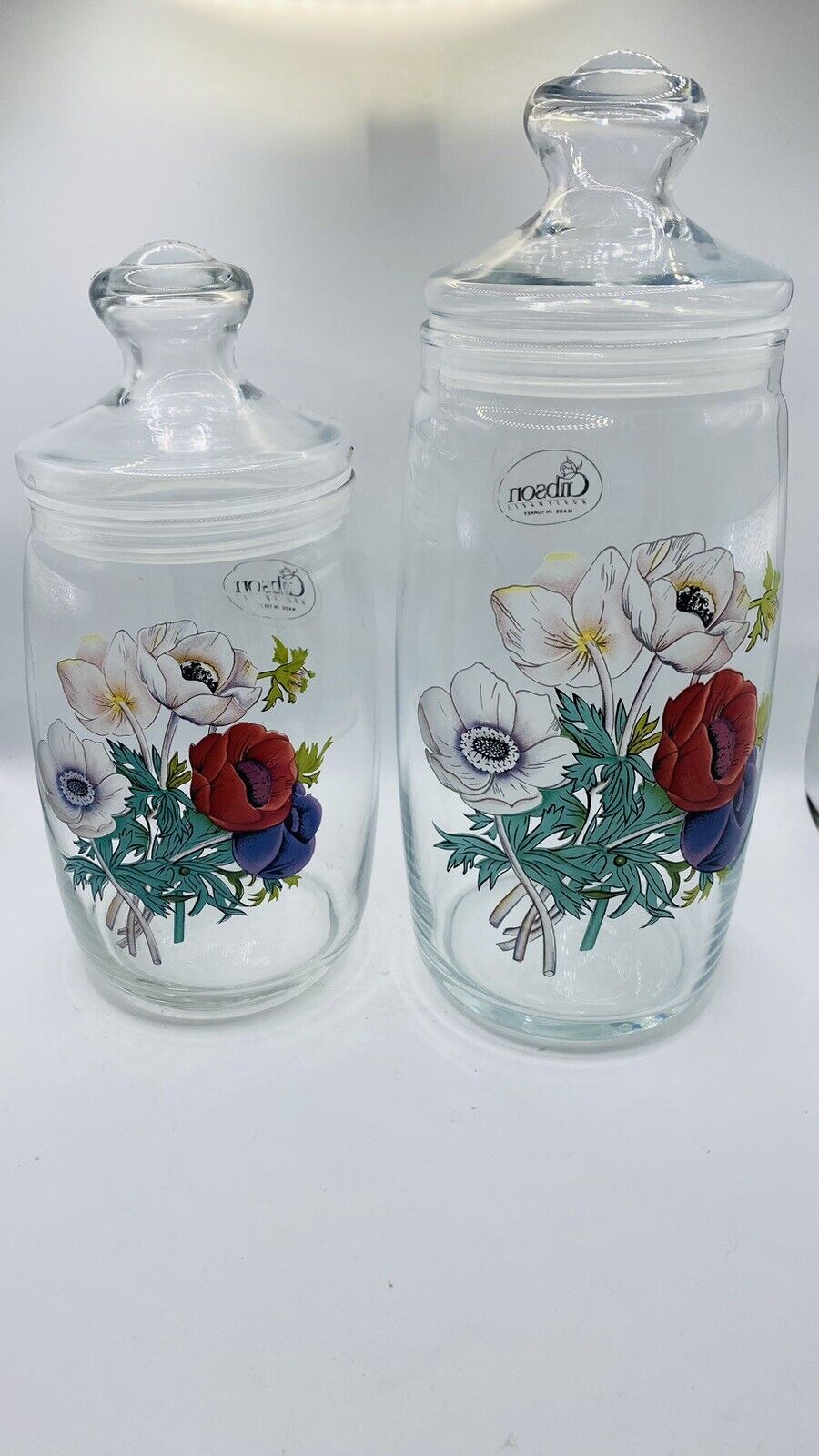 Pair Gibson Glass Canisters Jars Floral Poppies Housewares made in Turkey