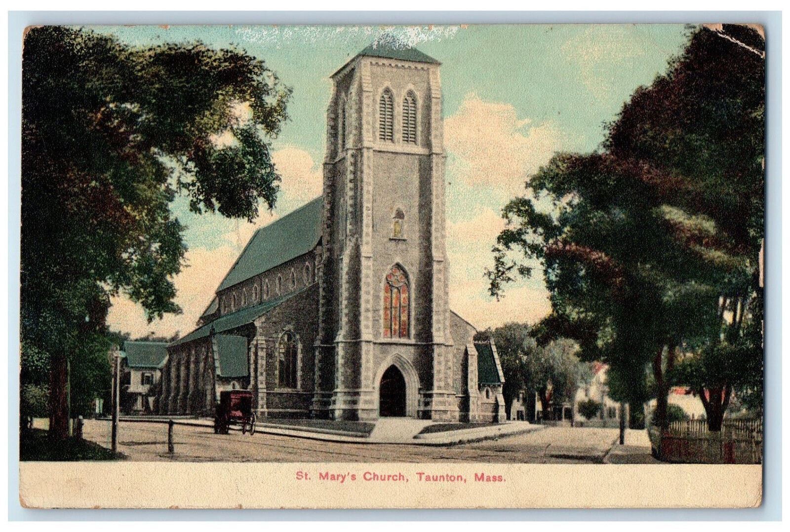 1912 Horse Car St Mary's Church Taunton Massachusetts MA Antique Posted Postcard