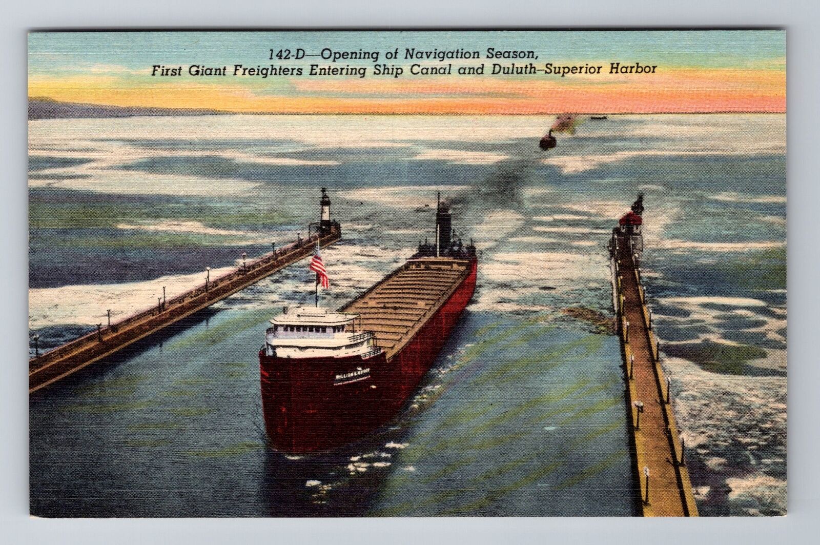 Duluth MI- Michigan, Aerial Giant Freighters, Antique, Vintage Souvenir Postcard