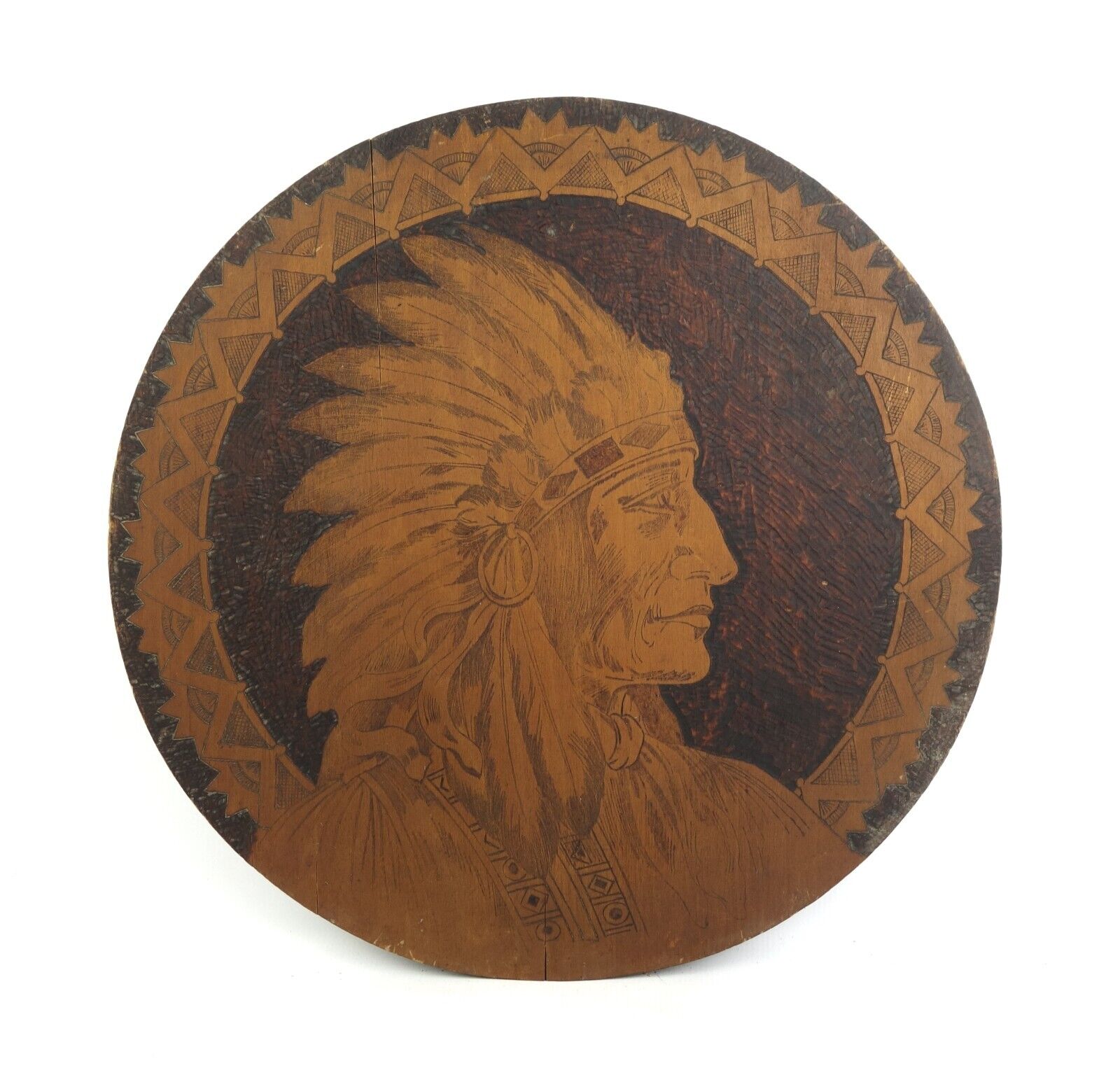Antique Pyrograph Flemish Art Co. Native American Indian Chief Wood Plaque