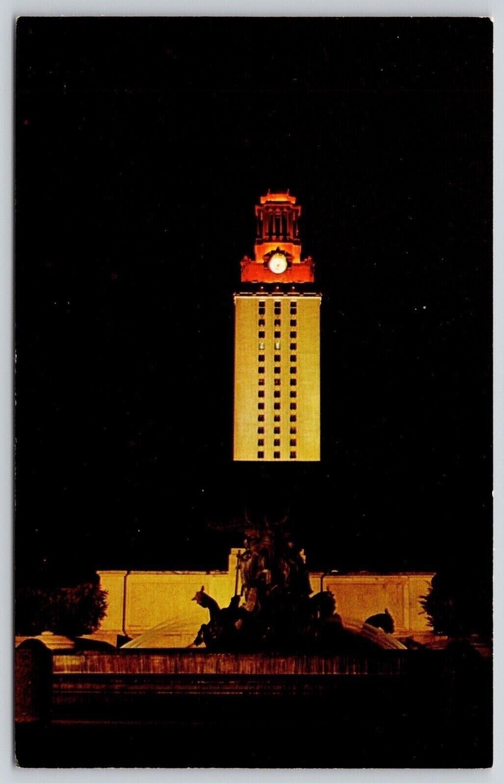 University Of Texas Campus Main Building Tower Illuminated View Chrome Postcard