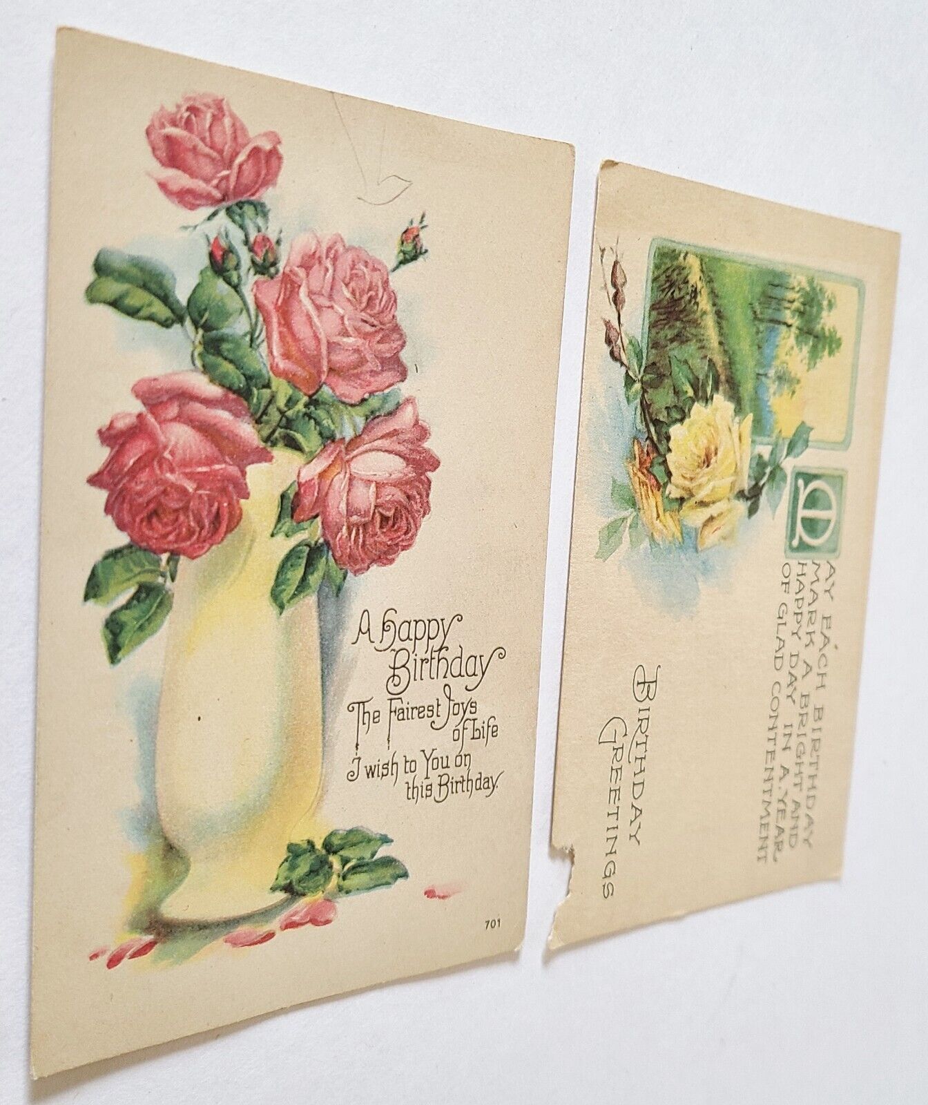 2 Antique Birthday Greetings Postcards - Yellow and Red Roses