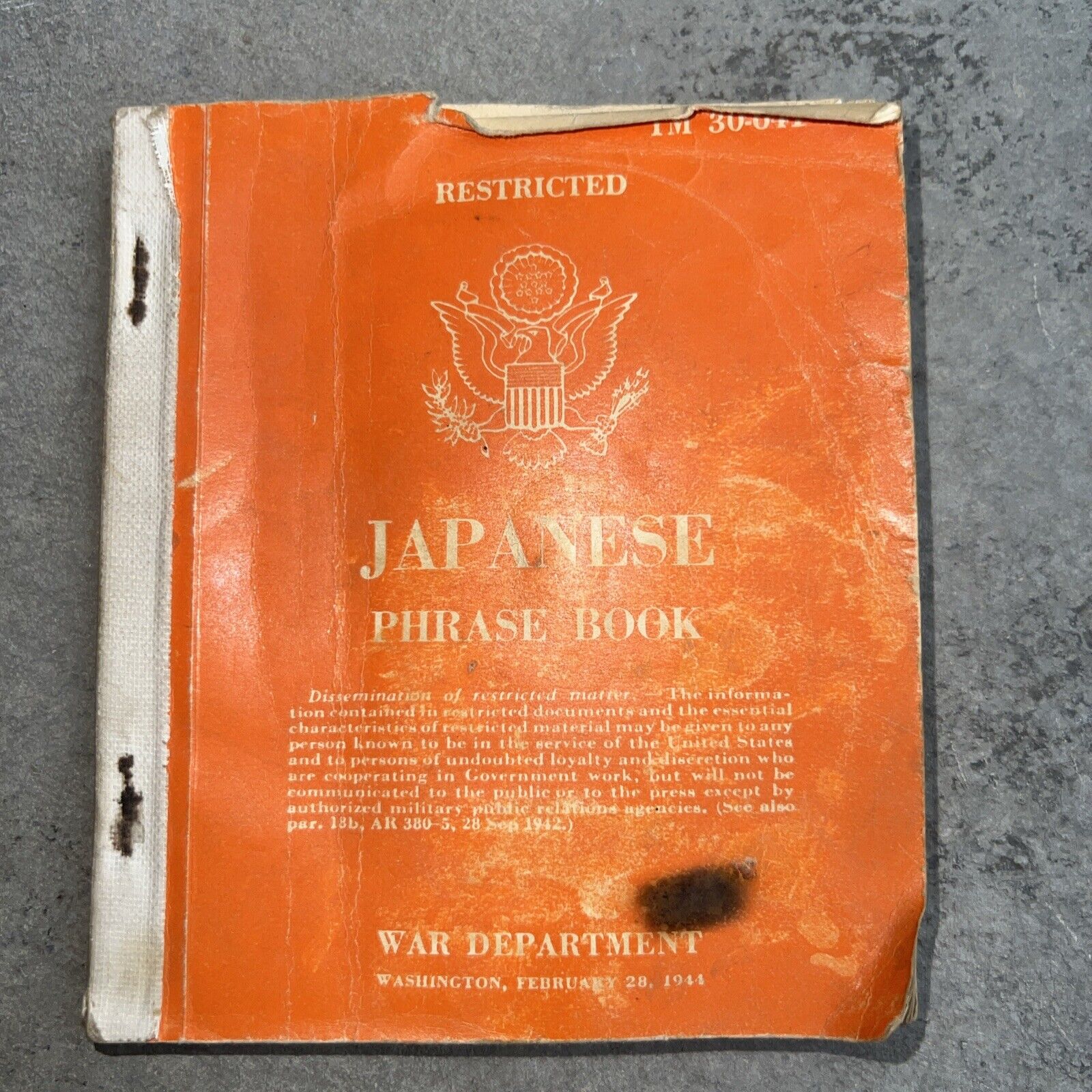 Vintage War Department Japanese Phrase Book 1944 WW2 - Rare And On Sale
